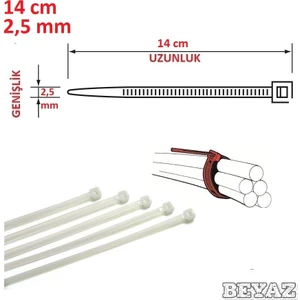 14CM x 2,5mm Plastik Cırt Kelepçe (Kablo Bağı) Saydam-Beyaz
