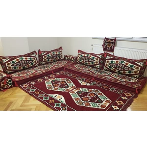 Şark Köşesi Yörük Desenli Minderi 120x180 cm Kilim Takımı Sünger Dahil Bordo