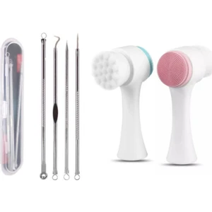 Lusso Cosmetic 4lü Paslanmaz Siyah Nokta ve Temizleyici Komedon + Cilt Temizleme Fırçası