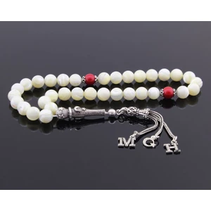 Ergenekon Aksesuar 925 Ayar Gümüş Püsküllü Küre Kesim Harf Hediyeli Sedef-Mercan Doğaltaş Tesbih