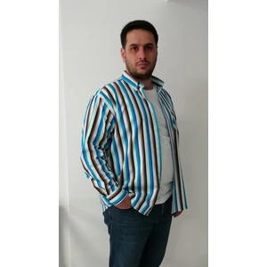 Büyük Beden Turkuaz Kalın Çizgili Erkek Gömlek