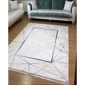 STY Home Platin Kare Kaymaz Tabanlı Yıkanabilir Halı Kilim Yolluk Dijital Baskı Beyaz Gri
