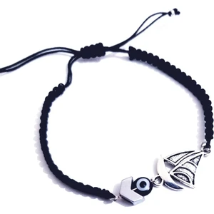 Funny Takı Siyah  Nazar Boncuklu Hematit  Taşlı Yelkenli Makrome Bileklik