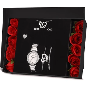 Çift Kalp Kolye Küpe Bileklik Saat Yüzük Hediye Set PS1547