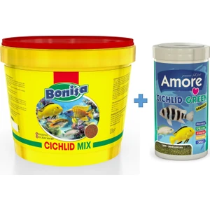 Cichlid Mix 3 kg Kova + Amore Cichlid Green 1000ML Kutu Akvaryum Balık Yemi