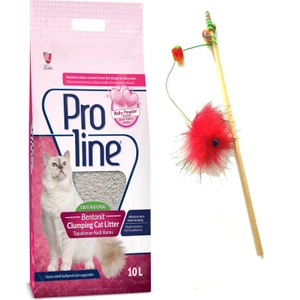 Pro Line Proline Bebek Pudrası Kokulu Ince Taneli Kedi Kumu 10 Lt+Zilli Lastikli Kedi Oltası