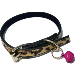 Leopar Desenli Derili 1 cm Metal Kilit Tokalı Zilli Kedi Tasması