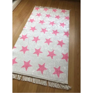 STY Home Yıldız Kaymaz Tabanlı Yıkanabilir Halı Kilim Yolluk Dijital Bask Beyaz Pembe