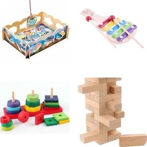 Wooden Toys Ahşap Eğitici Balık Tutma +5 Notalı Selefon + Denge oyunu + Geometrik Şekiller 4'lü Set