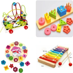 Wooden Toys Ahşap Eğitici Oyuncak Saat + 8 Notalı Selefon + Helezon + Geometrik Şekiller 4'lü