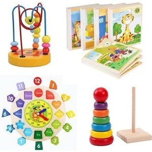 Wooden Toys Ahşap Mini Koordinasyon Raınbow Bultak Kule Kitap Puzzle Saat Geometrik 4'lü Set