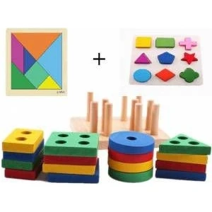 Wooden Ahşap Zeka Eğitici Oyuncak Geometrik Şekiller + Tahta Geçmeli Bultak + Ahşap Tangram