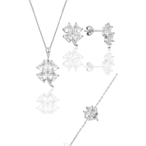 Söğütlü Silver Gümüş Rodyumlu Zirkon Taşlı Yonca Modeli Üçlü Set