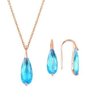 Söğütlü Silver Gümüş Rose  Akuamarin Taşlı Damla Kolye ve Küpe Ikili Gümüş Set