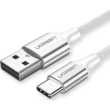 UGREEN USB-C to USB-A 3A QC Örgülü Hızlı Şarj Kablosu, 2 Metre, Gümüş Beyazı -