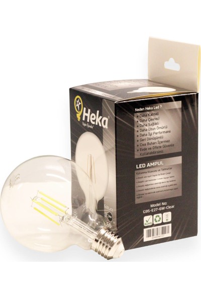 Heka G95 Filament Edison Tip Rustik LED Ampul 6 Watt E27 Beyaz Işık