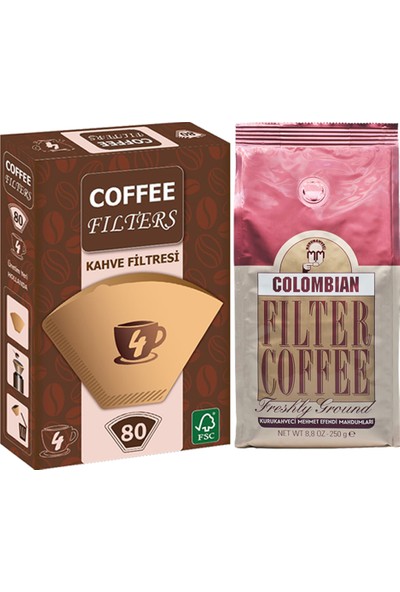 Kuru Kahveci Mehmet Efendi Mehmet Efendi Colombian Filtre Kahve 250 gr + Filtre Kahve Kağıdı No:4 80'li