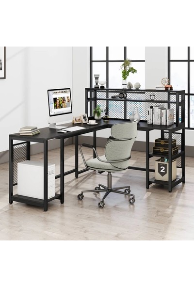 Yasmak Tel Detaylı L Masa Ofis Bilgisayar ve Çalışma Masası Siyah