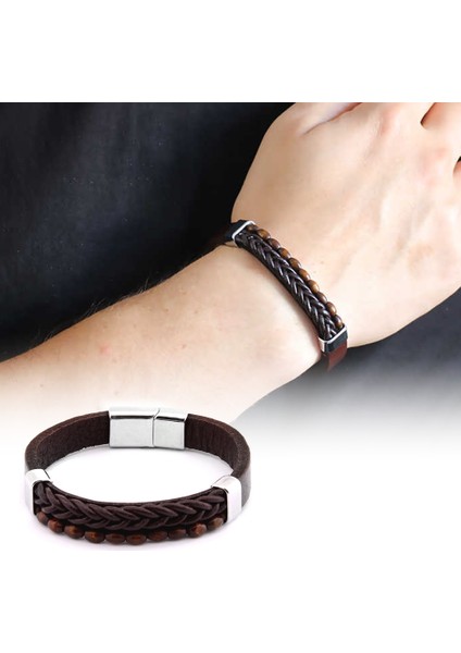 Hasır Tasarım Kuka Işlemeli Kahverengi Çelik-Deri Kombinli Erkek Bileklik