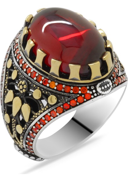 Kırmızı Zirkon Taşlı Oval Tasarım 925 Ayar Gümüş Erkek Yüzük modelleri