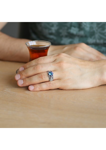 Mavi Zirkon Taşlı Minimal Tasarım 925 Ayar Gümüş Erkek Yüzük fiyatları