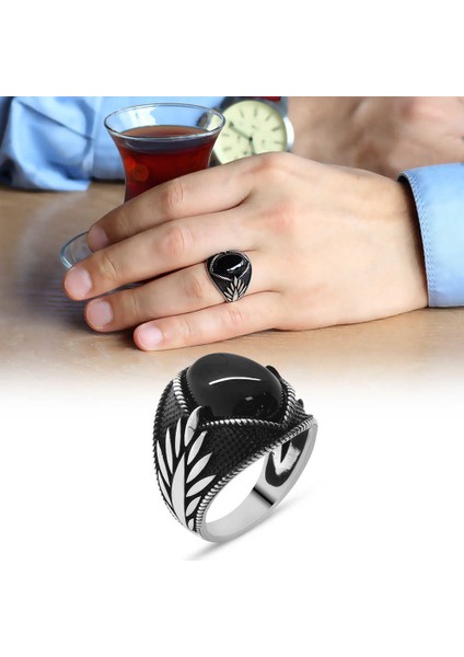 Başak Motifli Siyah Oniks Taşlı 925 Ayar Gümüş Erkek Yüzük