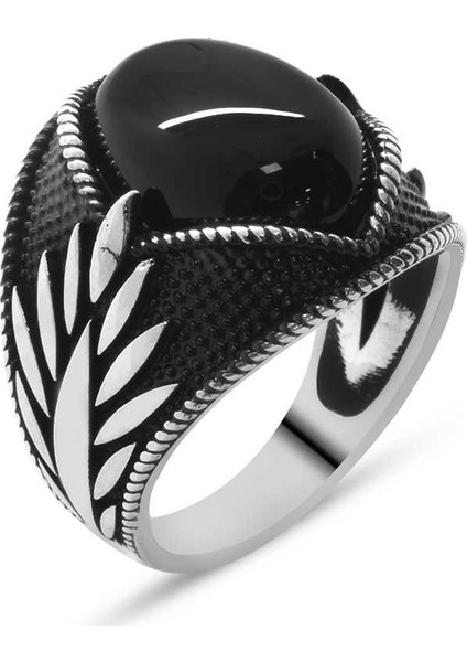 Başak Motifli Siyah Oniks Taşlı 925 Ayar Gümüş Erkek Yüzük modelleri