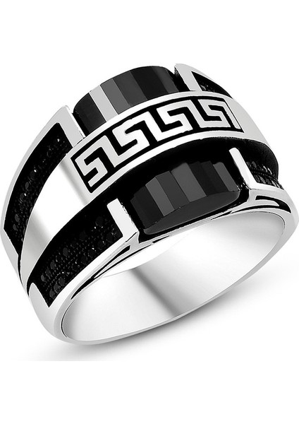 Özel Tasarım Zirkon Taş Işlemeli Siyah Oniks Taşlı 925 Ayar Gümüş Erkek Yüzük fiyatları