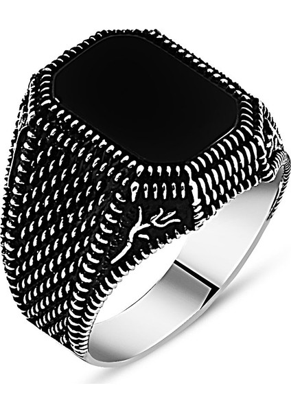 Lale Işlemeli Siyah Oniks Taşlı 925 Ayar Gümüş Erkek Yüzük fiyatları