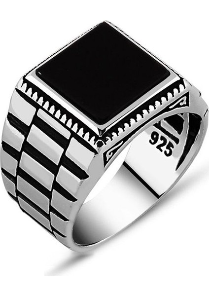Simetrik Desenli Siyah Oniks Taşlı 925 Ayar Gümüş Erkek Yüzük fiyatları