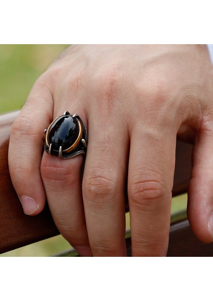 Pençe Tasarım Siyah Oniks Taşlı 925 Ayar Gümüş Erkek Yüzük fırsatları