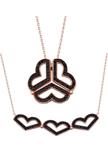 Iki Kullanımlı 925 Ayar Gümüş Üç Kalp Taşlı Rose Kolye - Model 2 modelleri