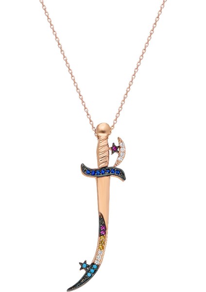 Renkli Zirkon Taşlı Kılıç Tasarım 925 Ayar Gümüş Kadın Kolye modelleri