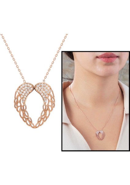 Zirkon Taşlı Melek Kanadı Tasarım Gold Renk 925 Ayar Gümüş Kolye fiyatları