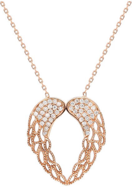 Zirkon Taşlı Melek Kanadı Tasarım Gold Renk 925 Ayar Gümüş Kolye fırsatları