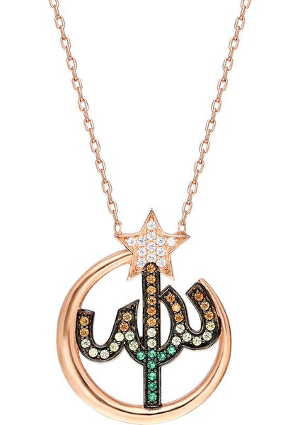 Renkli Zirkon Taşlı Arapça Allah Yazılı 925 Ayar Gümüş Kadın Kolye modelleri