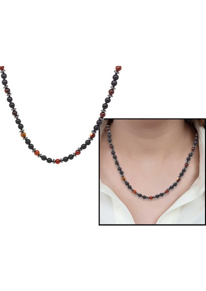 Makrome Örgülü Oniks-Akik-Hematit Kombinli Doğaltaş Kadın Kolye