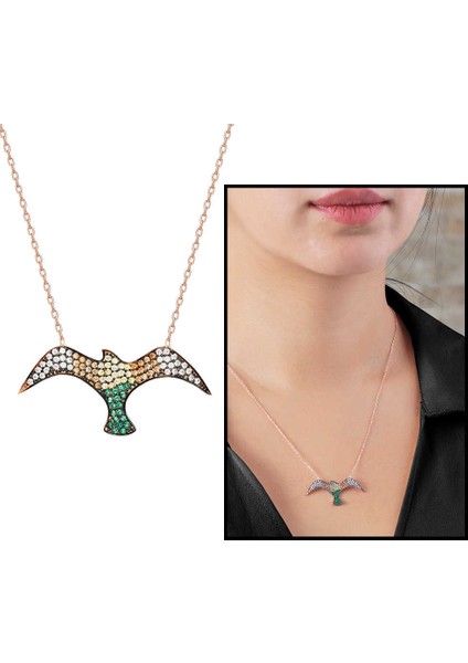 Yeşil/sarı Zirkon Taşlı Martı Tasarım 925 Ayar Gümüş Kadın Kolye