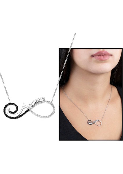 Siyah-Beyaz Zirkon Taşlı Annem Yazılı Sonsuzluk 925 Ayar Gümüş Kadın Kolye