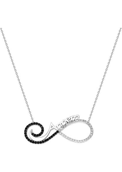 Siyah-Beyaz Zirkon Taşlı Annem Yazılı Sonsuzluk 925 Ayar Gümüş Kadın Kolye modelleri
