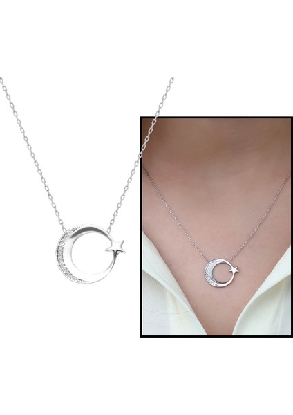 Beyaz Zirkon Taşlı Ayyıldız Tasarım 925 Ayar Gümüş Kadın Kolye