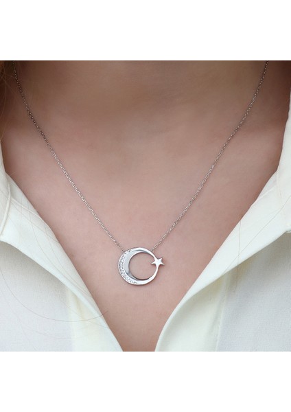 Beyaz Zirkon Taşlı Ayyıldız Tasarım 925 Ayar Gümüş Kadın Kolye fiyatları