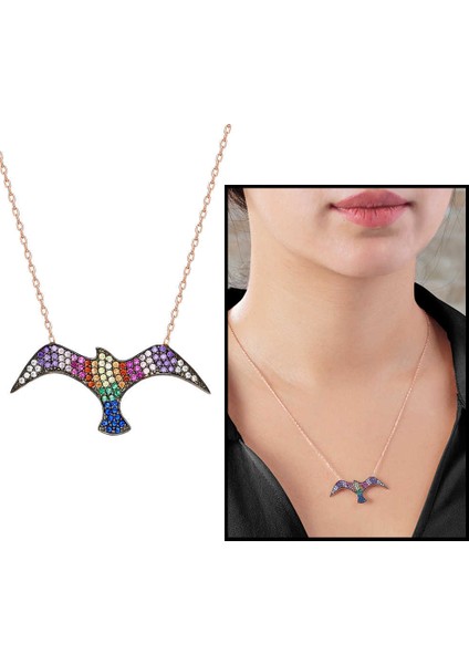 Mavi/yeşil Zirkon Taşlı Martı Tasarım 925 Ayar Gümüş Kadın Kolye