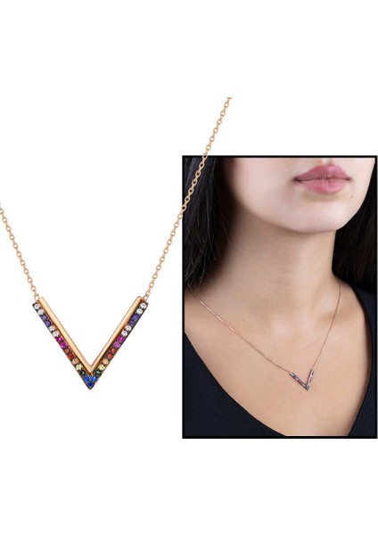 Renkli Zirkon Taşlı V Tasarım 925 Ayar Gümüş Kadın Kolye