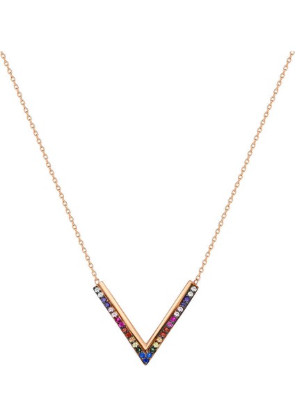 Renkli Zirkon Taşlı V Tasarım 925 Ayar Gümüş Kadın Kolye modelleri