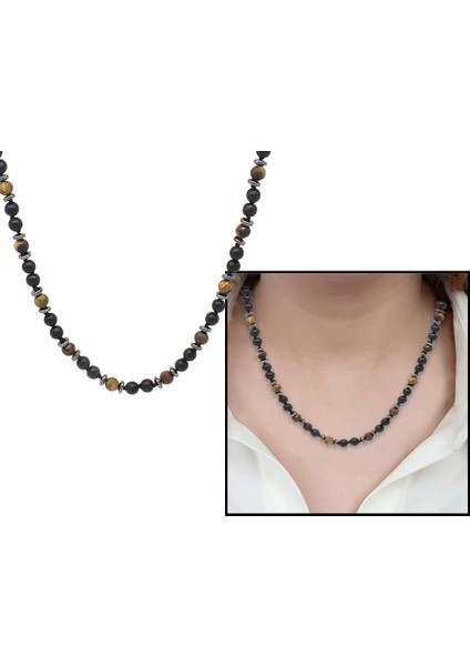 Makrome Örgülü Kaplangözü-Oniks-Hematit Kombinli Doğaltaş Kadın Kolye