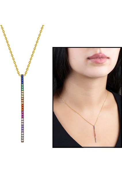 Renkli Zirkon Taşlı Çubuk Tasarım 925 Ayar Gümüş Kadın Kolye