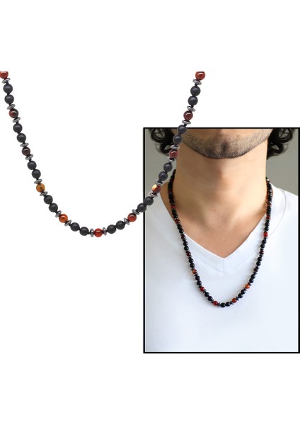 Makrome Örgülü Oniks-Akik-Hematit Kombinli Doğaltaş Erkek Kolye