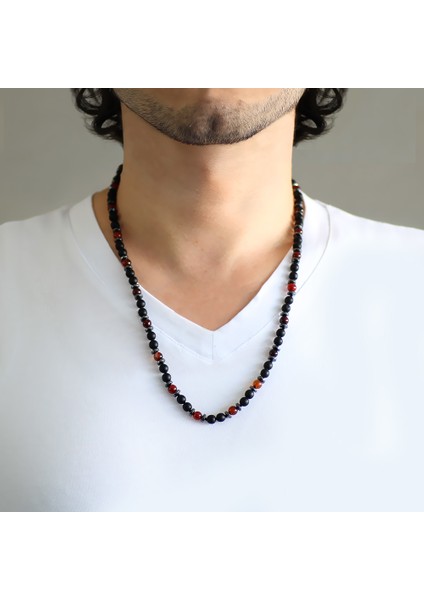 Makrome Örgülü Oniks-Akik-Hematit Kombinli Doğaltaş Erkek Kolye modelleri