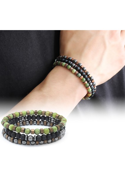 Küre Kesim Yeşil Yeşim-Oniks-Hematit Kombinli Doğaltaş Bileklik